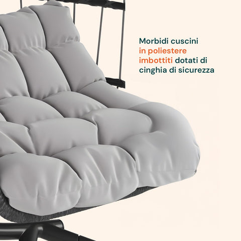 Hängesessel Gaia Grey aus grauem Polyrattan mit Stahlgestell, Kissen und einer Tragfähigkeit von 140 kg, EAN 8023755069100