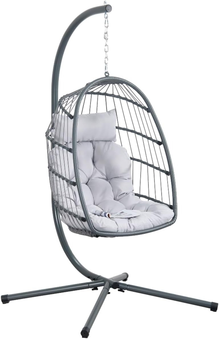 Hängesessel Gaia Grey aus grauem Polyrattan mit Stahlgestell, Kissen und einer Tragfähigkeit von 140 kg, EAN 8023755069100