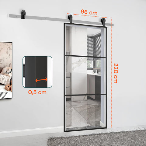 Schiebetür mit transparentem Glas und Aluminiumrahmen, 96x220cm, schwarz