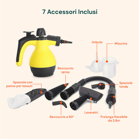 Tragbarer Dampfreiniger 100° 1050 W, 350-ml-Wassertank mit schneller Aufheizung und 7 Zubehörteilen, Gelb und Schwarz, EAN 8059300010181