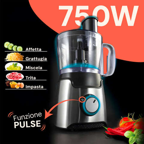 Multifunktionale Küchenmaschine Food Processor 600 W, Behälter 1,25 l, mit Klingen und Scheiben aus Stahl, EAN-7426896418652
