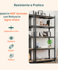 Robustes und praktisches Regal mit 5 Böden aus 4 mm starkem laminiertem MDF in heller Holzoptik, ästhetisch, stabil und langlebig