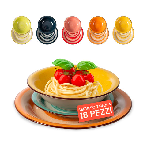 18-teiliges farbiges Stoneware-Tellerset aus der Dotty-Mix-Kollektion: 6 Dessertteller, 6 tiefe Teller, 6 flache, handbemalte Teller für eine elegante Tafel