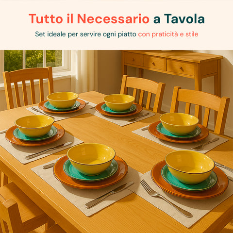18-teiliges Stoneware-Tellerset, für 6 Personen im Esszimmer gedeckt, elegante Tafel mit farbigen Tellern und Besteck