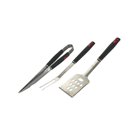 3-teiliges Grillbesteck-Set aus Stahl: Grillwender, Gabel und Pinsel mit ergonomischen schwarzen Griffen zum Grillen
