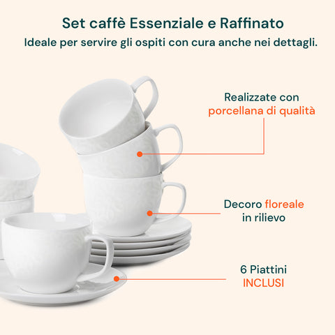 Avilia Set 6 Kaffeetassen aus Porzellan 80 ml mit Untertassen und erhabenem Blumendekor EAN 8056897157367