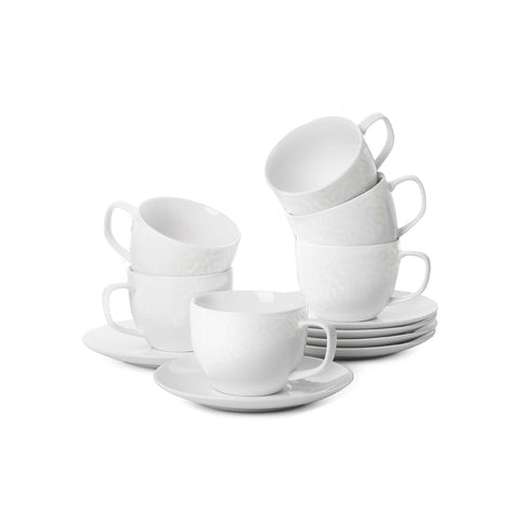 Set mit 6 Porzellan-Espressotassen 80cc mit Untertassen - Blumenreliefdekor