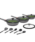 Komplettes 12-teiliges Set mit Pfannen mit 20 cm, 24 cm und 28 cm Durchmesser, Glasdeckeln und 5 Nylon-Kochutensilien, perfekt für frisches Gemüse
