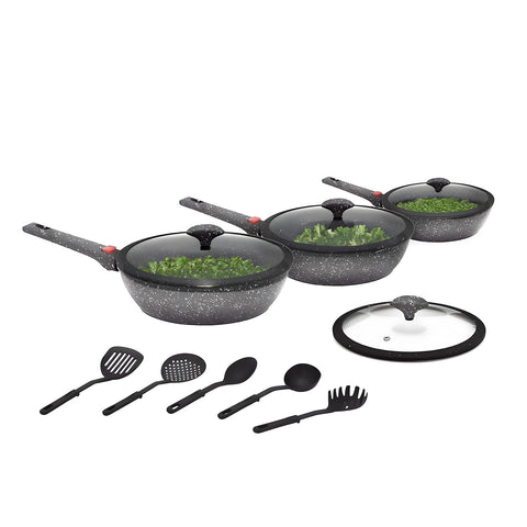 Komplettes 12-teiliges Set mit Pfannen mit 20 cm, 24 cm und 28 cm Durchmesser, Glasdeckeln und 5 Nylon-Kochutensilien, perfekt für frisches Gemüse