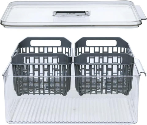 Komplettes Doppelset aus Kühlschrankbehältern mit transparentem Deckel und zwei herausnehmbaren schwarzen Körben - Tidy Organizer 32 x 22 cm