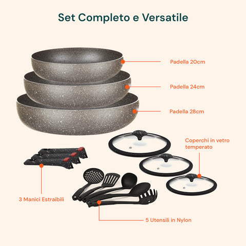 Komplettes und vielseitiges Set mit Pfannen mit 20 cm, 24 cm und 28 cm Durchmesser, Deckeln aus gehärtetem Glas und 5 enthaltenen Nylon-Kochutensilien