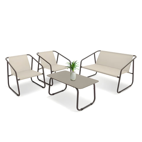 Nizza-Lounge-Set mit Glastisch, Sofa und 2 Sesseln aus beigem Textilene