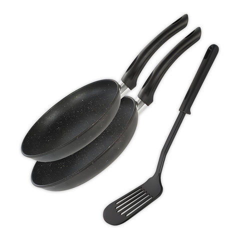 Komplettset mit 2 Pfannen und gelochtem Pfannenwender aus Karbonstahl mit eleganter schwarzer Marmoroptik-Beschichtung