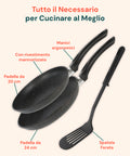 Alles, was Sie für optimales Kochen benötigen: ergonomische Griffe, Pfannen mit 20 und 24 cm Durchmesser und gelochter Pfannenwender inklusive