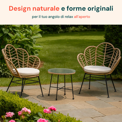 Fiji-Lounge-Set mit Glastisch und 2 Polyrattan-Stühlen
