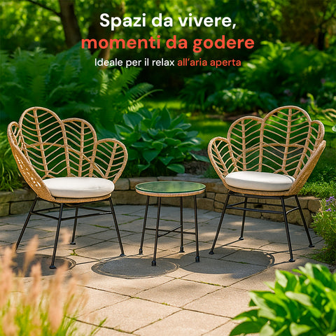 Fiji-Lounge-Set mit Glastisch und 2 Polyrattan-Stühlen