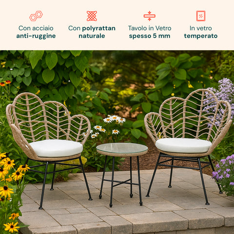 Fiji-Lounge-Set mit Glastisch und 2 Polyrattan-Stühlen