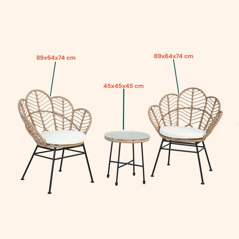 Fiji-Lounge-Set mit Glastisch und 2 Polyrattan-Stühlen