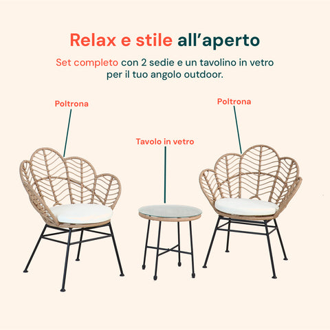 Fiji-Lounge-Set mit Glastisch und 2 Polyrattan-Stühlen
