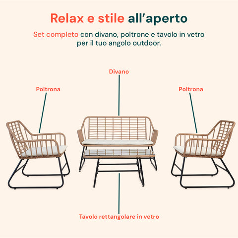 Cebu-Lounge-Set mit Glastisch, Sofa und 2 Polyrattan-Sesseln