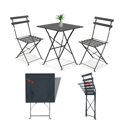 Koby-Lounge-Set mit Tisch und 2 klappbaren Stühlen aus anthrazitfarbenem Metall