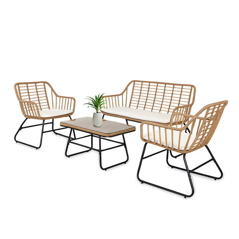 Cebu-Lounge-Set mit Glastisch, Sofa und 2 Polyrattan-Sesseln