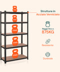 Struktur aus schwarz lackiertem Stahl mit einer Gesamttragfähigkeit von 875 kg, 175 kg pro Boden, robust und langlebig für den privaten und professionellen Gebrauch
