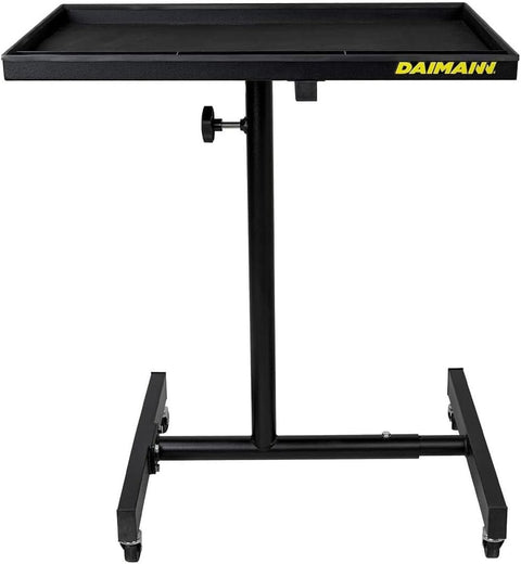 Mobiler Tisch Daimann FT01 aus schwarzem Stahl mit Rollen und höhenverstellbar bis 123,5 cm, professioneller Arbeitstisch