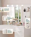 Schreibtisch mit Spiegel und LED-Leuchten in 3 Lichtfarben - natürlich, warm, kalt - für Make-up und Organisation