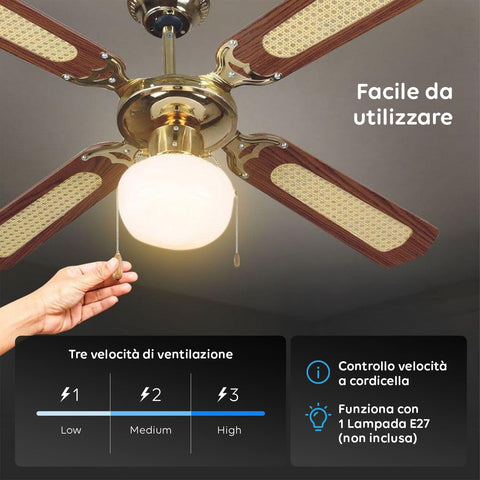 Deckenventilator 60 W mit 4 Holzflügeln, 3 Geschwindigkeitsstufen und integrierter Beleuchtung