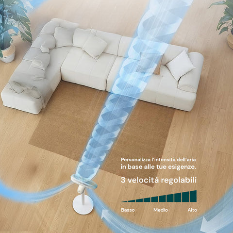 Standventilator mit starkem Luftstrom auf beigem Sofa, 3 einstellbare Geschwindigkeiten zur individuellen Anpassung der Luftintensität