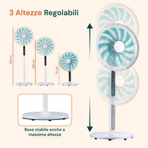 Ventilator mit 3 einstellbaren Höhen von 70-100-130 cm, stabilem Standfuß, türkisfarbenen Flügeln und Teleskopstange für jeden Raum
