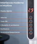 Digitales Bedienfeld des Ventilators mit LED-Display, 12-Stunden-Timer, einstellbarer Geschwindigkeit, Oszillation und Lüftungsmodi
