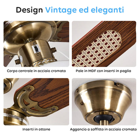 Vintage- und elegantes Design mit zentralem Gehäuse aus verchromtem Stahl, MDF-Flügeln mit Geflechteinsätzen und Messingdetails