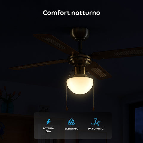Deckenventilator 60 W mit 4 Holzflügeln, 3 Geschwindigkeitsstufen und integrierter Beleuchtung