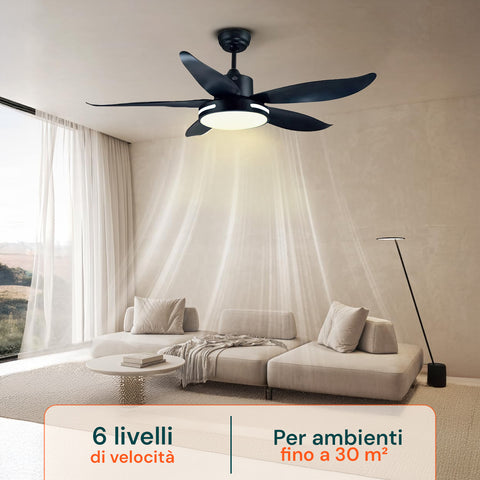 Schwarzer Deckenventilator mit 6 Geschwindigkeitsstufen für Räume bis 30 m² mit diffusem LED-Licht