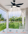 Schwarzer 35-W-Deckenventilator mit LED-Beleuchtung auf einer modernen Außenterrasse installiert