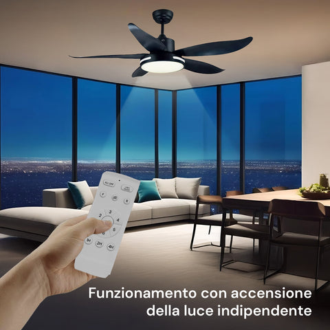 Schwarzer Deckenventilator mit Fernbedienung und unabhängiger Lichtschaltung in einem modernen Wohnzimmer