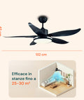 Schwarzer Deckenventilator mit 132 cm Durchmesser, geeignet für Räume bis 25-30 m², mit aerodynamischen Flügeln