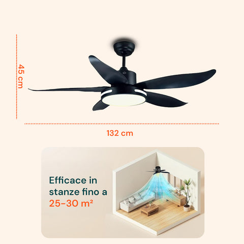 Schwarzer Deckenventilator mit 132 cm Durchmesser, geeignet für Räume bis 25-30 m², mit aerodynamischen Flügeln