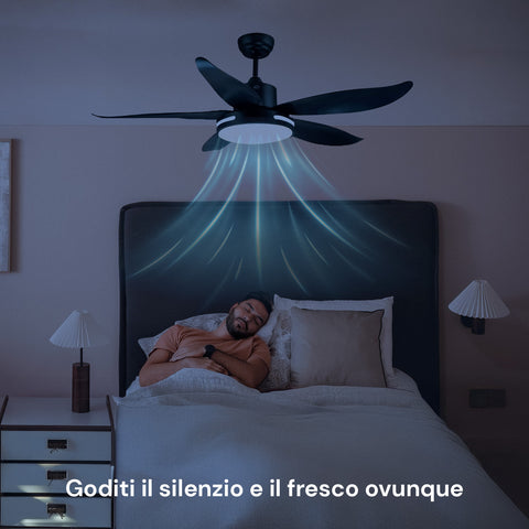 Leiser schwarzer Deckenventilator im nächtlichen Schlafzimmer mit frischer Luftzirkulation