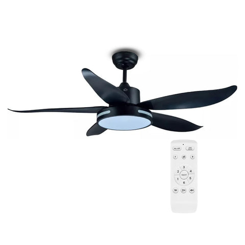Schwarzer Deckenventilator mit 5 Flügeln, LED-Licht und kabelloser Fernbedienung zur Geschwindigkeitsregelung