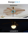 Deckenventilator 60 W mit 4 Holzflügeln, 3 Geschwindigkeitsstufen und integrierter Beleuchtung