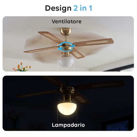 Deckenventilator 60 W mit 4 Holzflügeln, 3 Geschwindigkeitsstufen und integrierter Beleuchtung