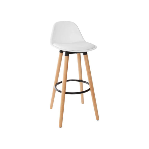 Hocker mit Holzbeinen und weißer Sitzfläche