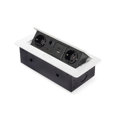 Versenkbare EU-Schreibtisch-Steckdosenleiste mit 2 Schuko-Steckdosen, USB A+C, RJ45 und HDMI, weiß