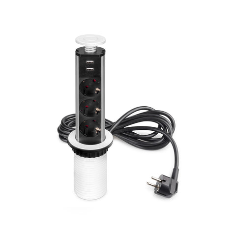 Vertikale versenkbare EU-Schreibtisch-Steckdosenleiste mit 3 Schuko-Steckdosen und 2 USB-Anschlüssen, ø 6cm, weiß