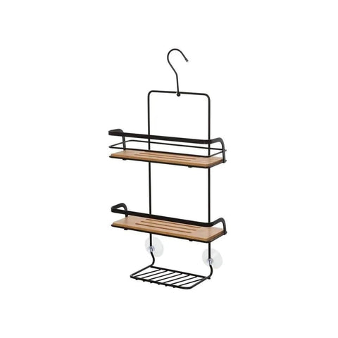 Bambus-Duschregal mit Haken und 3 Ablagen aus schwarzem Stahl 26x55x10cm