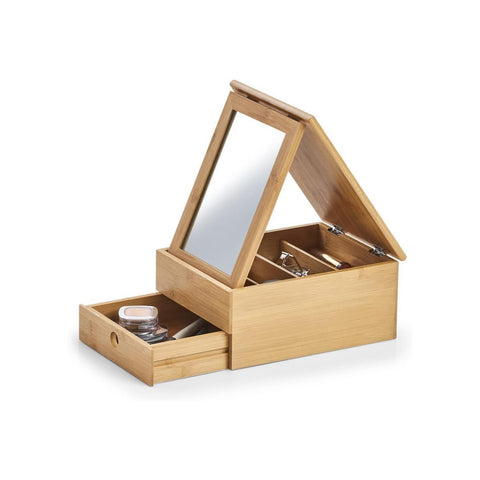 Bambus-Schmuckkästchen mit 4 Fächern und klappbarem Spiegeldeckel
