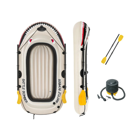 Aufblasbares Schlauchboot 188x98 cm mit 3 Luftkammern, Paddeln und Pumpe, Draufsicht und Seitenansicht mit Zubehör